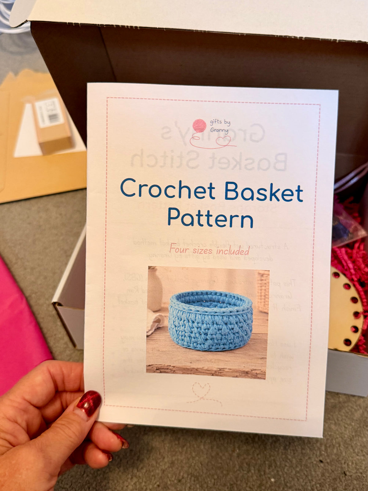 Original gifts by Granny crochet basket pattern with illustrated instructions for four basket sizes.