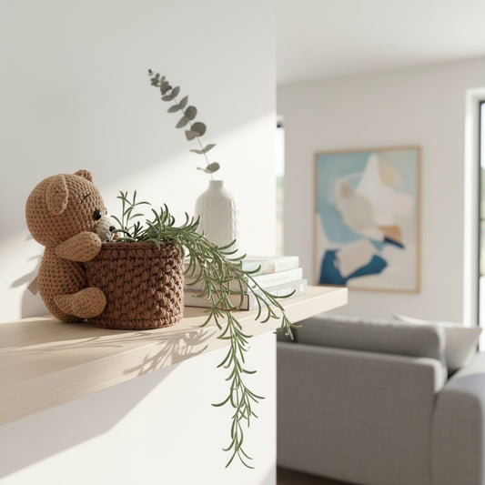 A crocheted brown teddy bear sits holding a brown crocheted plant pot cover with a trailing plant included, placed on a light wood shelf in a bright, modern living room. A white vase with a eucalyptus sprig and books are placed beside it, with a blurred sofa and framed abstract art in the background.