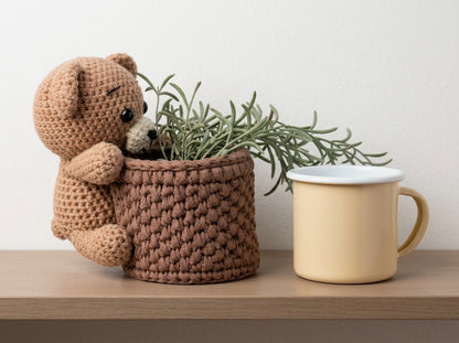 A handmade crocheted brown teddy bear sits holding a matching crocheted plant pot cover containing a aux plant, next to a cream enamel mug on a wooden shelf against a light wall.