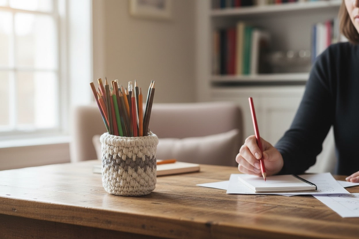 A person sitting at  a wooden desk writing in a notebook with a pencil taken from a crochet storage pot in colours ecru and stone grey of Hoooked Ribbon XL, made in Somerset
