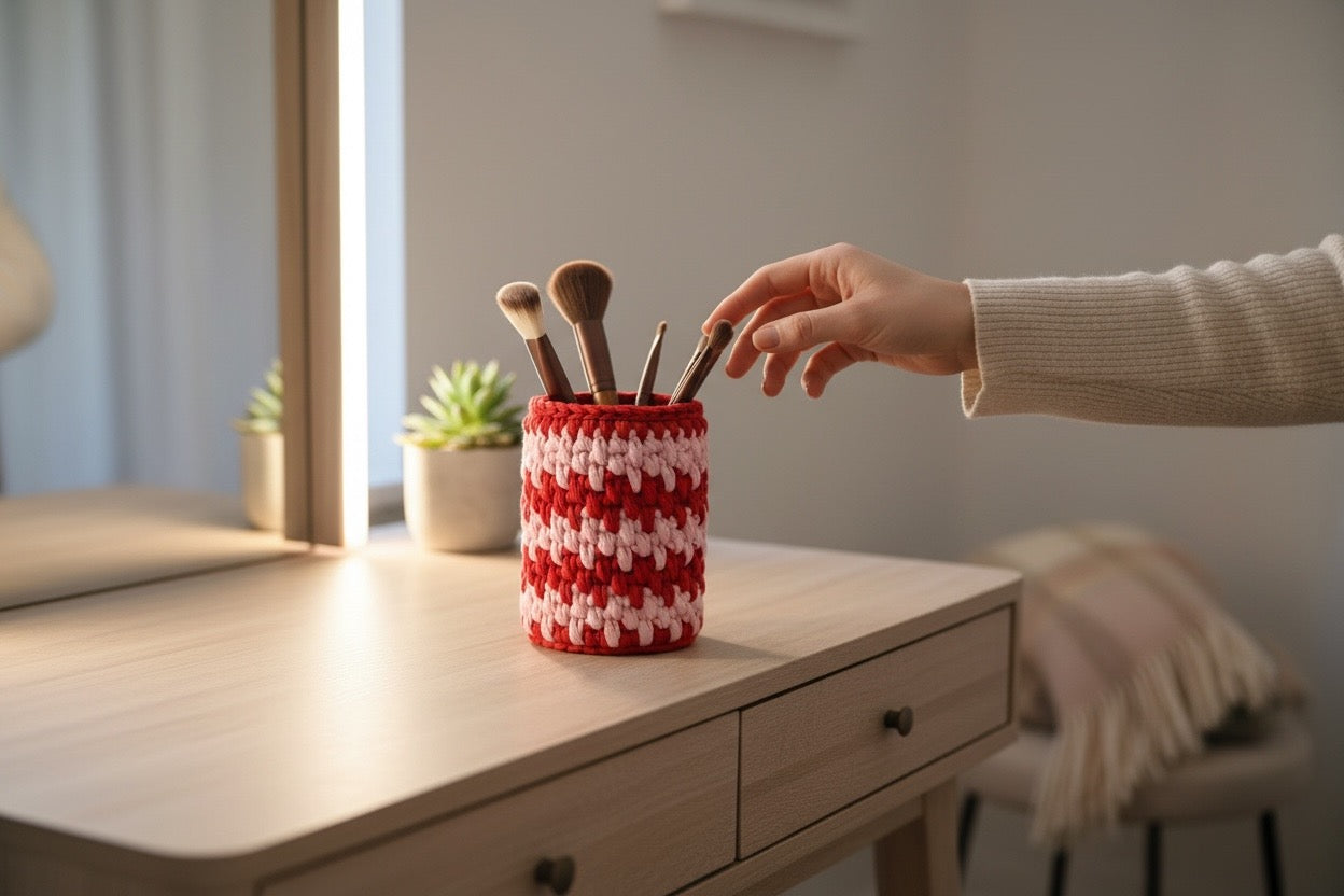 A hand reaching out for  a make up brush stored in a hand crocheted storage pot in two tone light pink and red.