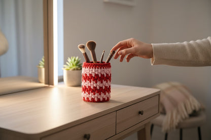 A hand reaching out for  a make up brush stored in a hand crocheted storage pot in two tone light pink and red.