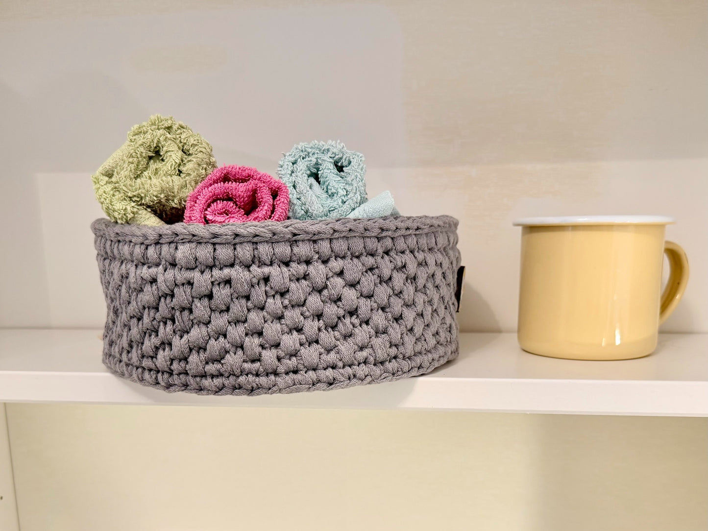 Handmade Crochet Storage Basket with Wooden Base