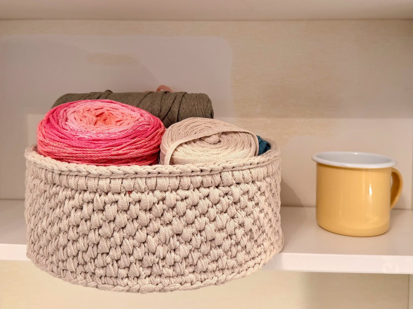 Handmade Crochet Storage Basket with Wooden Base