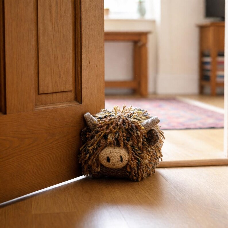 Handmade Highland Cow crochet doorstop standing beside a wooden door, handcrafted in Somerset as a weighted home accessory.